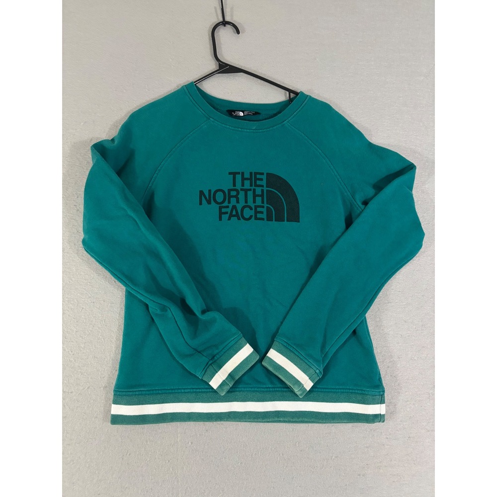 The North Face Womens Teal Green Logo Raglan Sweatshirt Striped Trim Medium